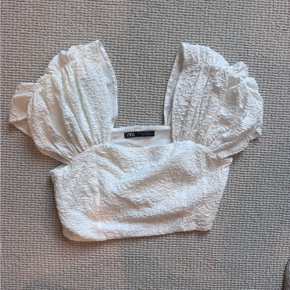 Zara Cream Textured Puff Sleeve Blouse